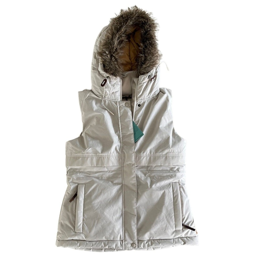 PrAna Women's Banajaara Hooded Vest Pebble Gray Heather Faux Fur Size Small NWT